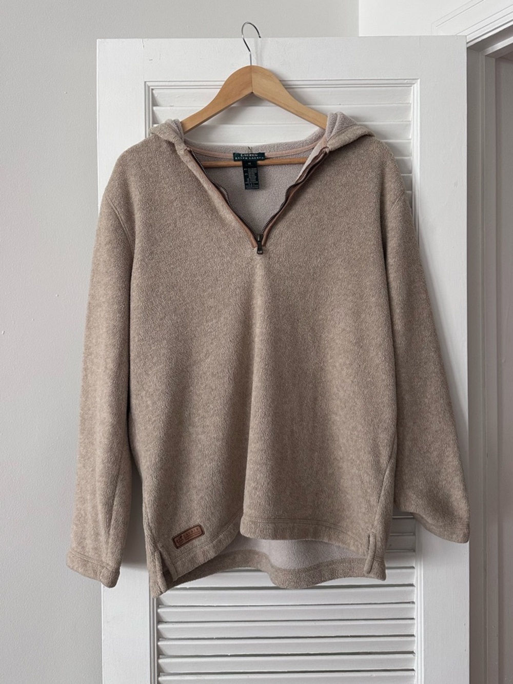 Ralph Lauren Fleece quarter-zip hoodie, tan, leather RL patch at hem, Medium